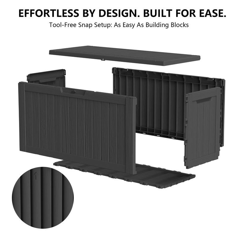 100 gallon black outdoor storage box assembly structure with modular resin panel design