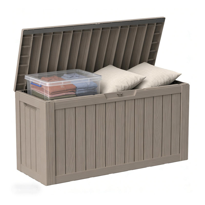 100 gallon light brown resin outdoor storage deck box for patio, garden and backyard organization