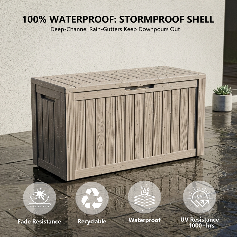 100 gallon light brown resin deck box with lid, outdoor storage box for patio cushions and garden supplies