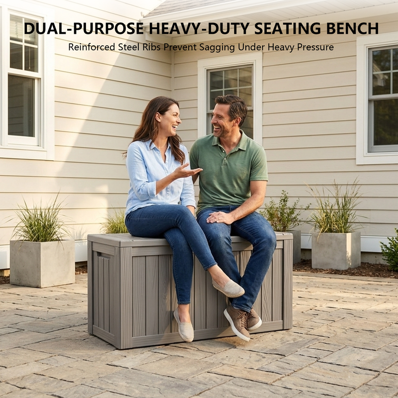 100 gallon light brown waterproof outdoor storage deck box with stormproof resin shell design