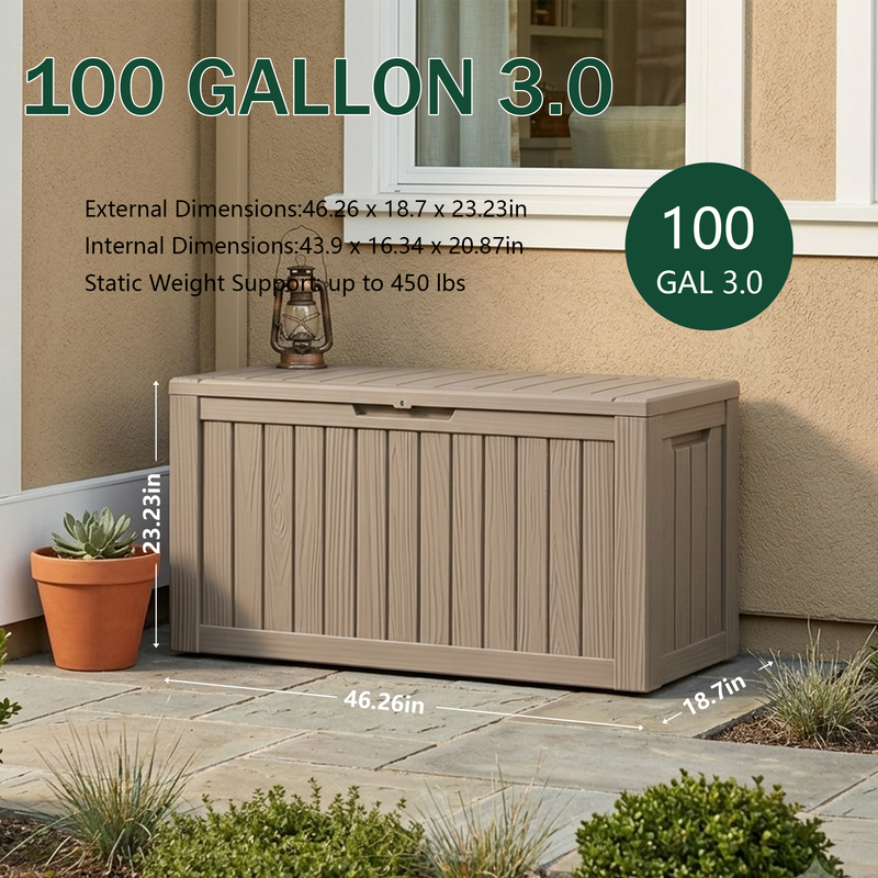 100 gallon light brown outdoor storage bench box with reinforced seat lid for patio seating