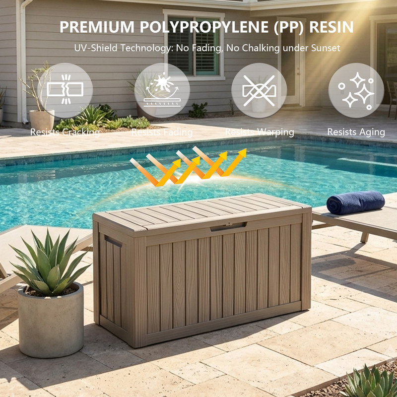 100 gallon light brown polypropylene resin deck box with waterproof and UV resistant features