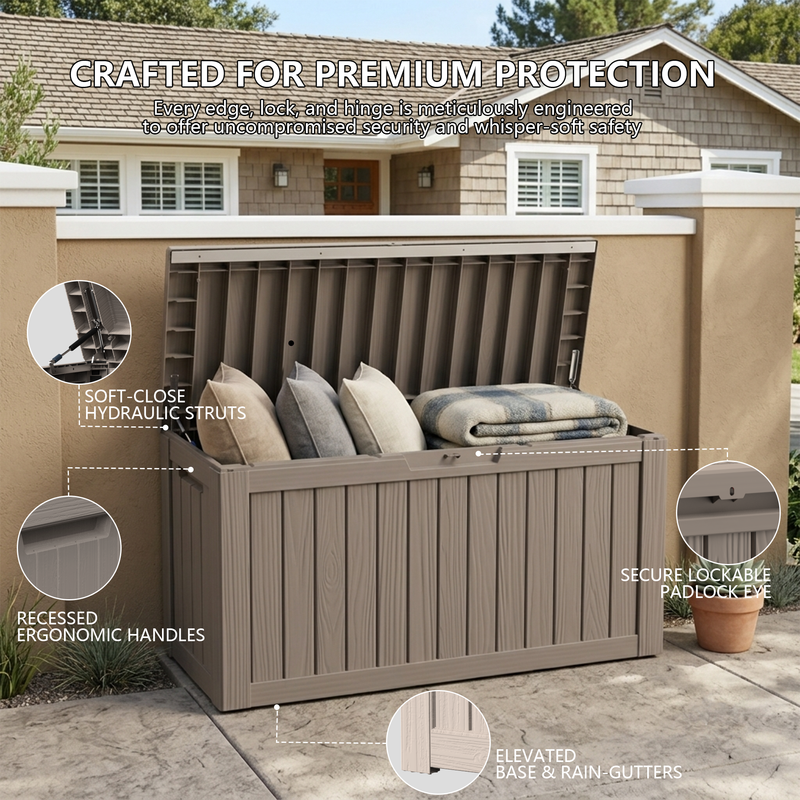 100 gallon light brown outdoor storage box with soft close hydraulic struts and lockable lid