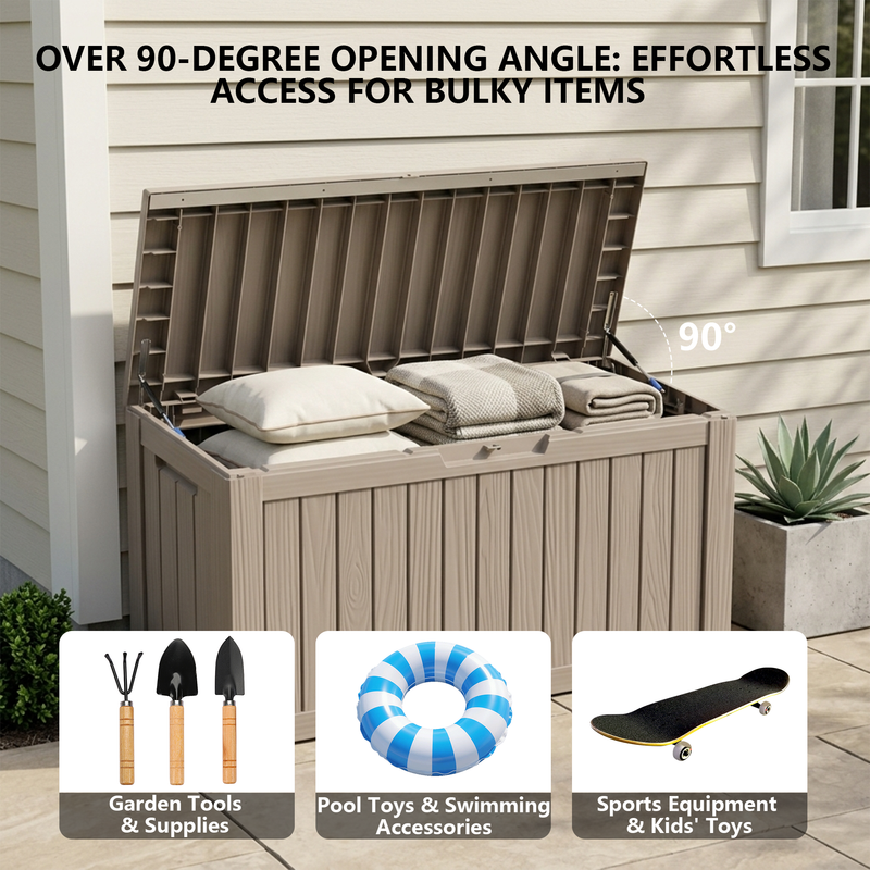 100 gallon light brown resin deck box with over 90 degree opening lid for easy access storage