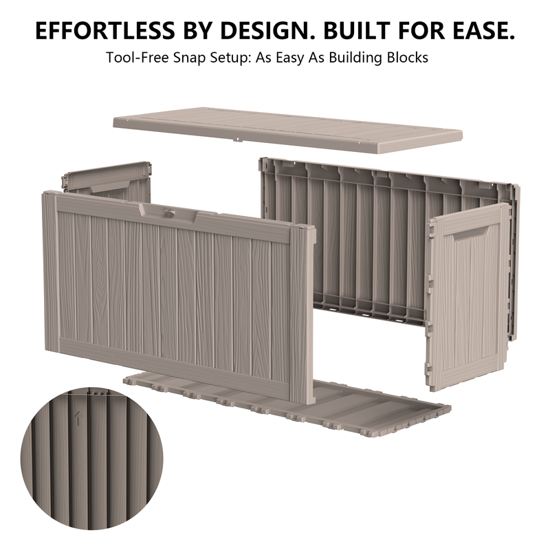 100 gallon light brown outdoor storage box assembly structure with modular resin panel design