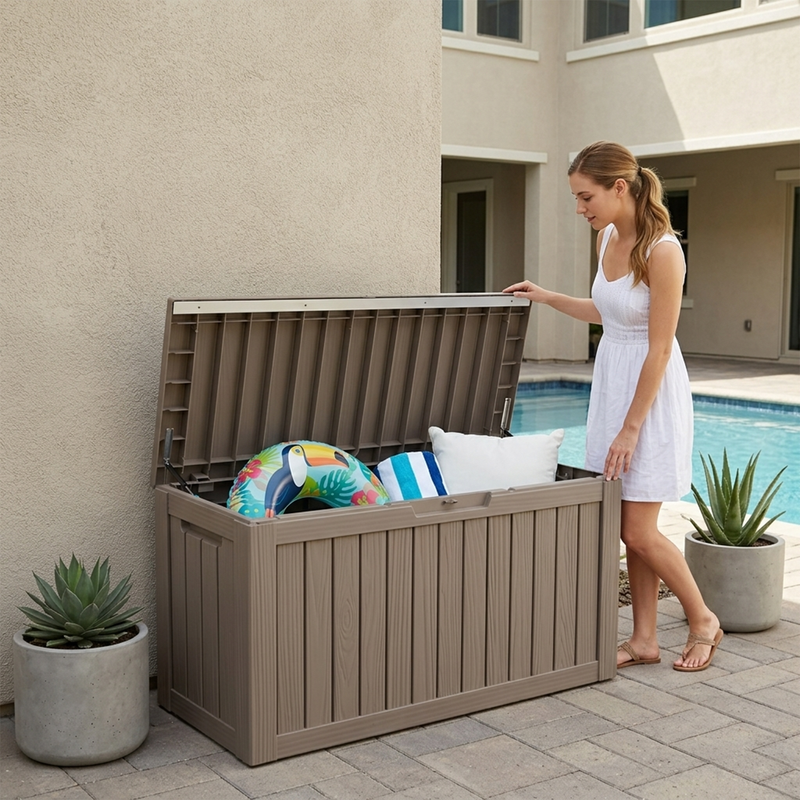 100 gallon light brown patio storage deck box beside pool for towels, cushions and accessories