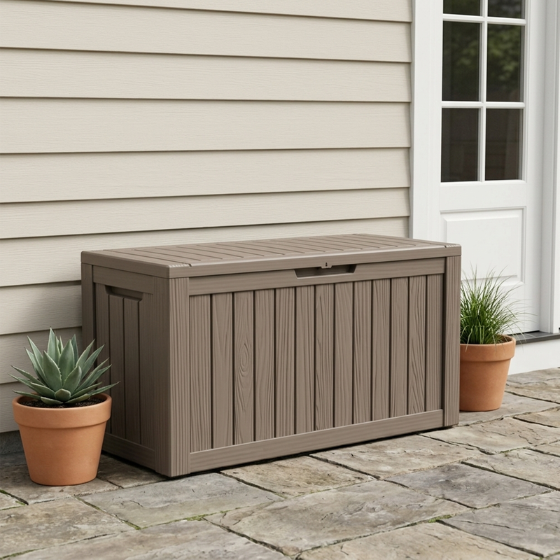 Yardgrace Outdoor Storage Box, 100 Gallon Waterproof Deck Box, Anti-Deformation Resin Organizer for Pool Mats, 660 LBS Heavy-Duty Storage Bench, Outdoor Gatherings, Black Or Light Brown