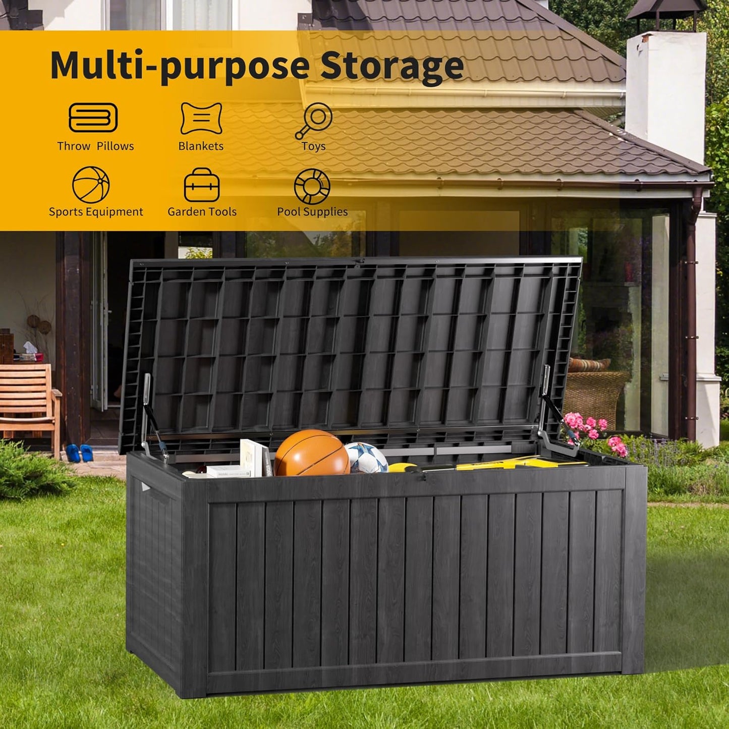 230 Gallon Outdoor Storage Box, Resin Deck Box, Waterproof , Lockable, UV-Resistant, Black