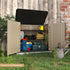 brown resin storage shed with front-opening doors for bulky outdoor gear