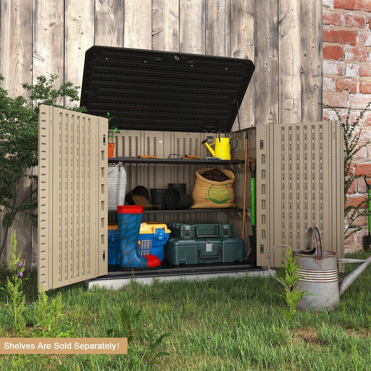 brown resin storage shed with front-opening doors for bulky outdoor gear