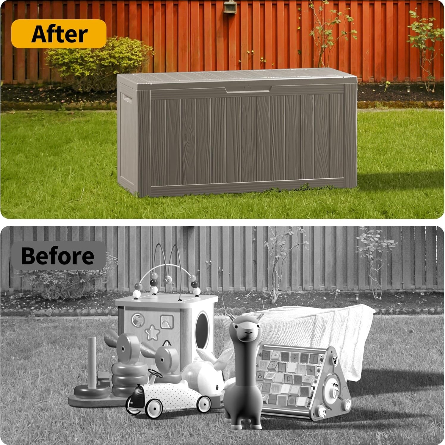 80 gallon resin deck box for storing patio cushions and outdoor essentials