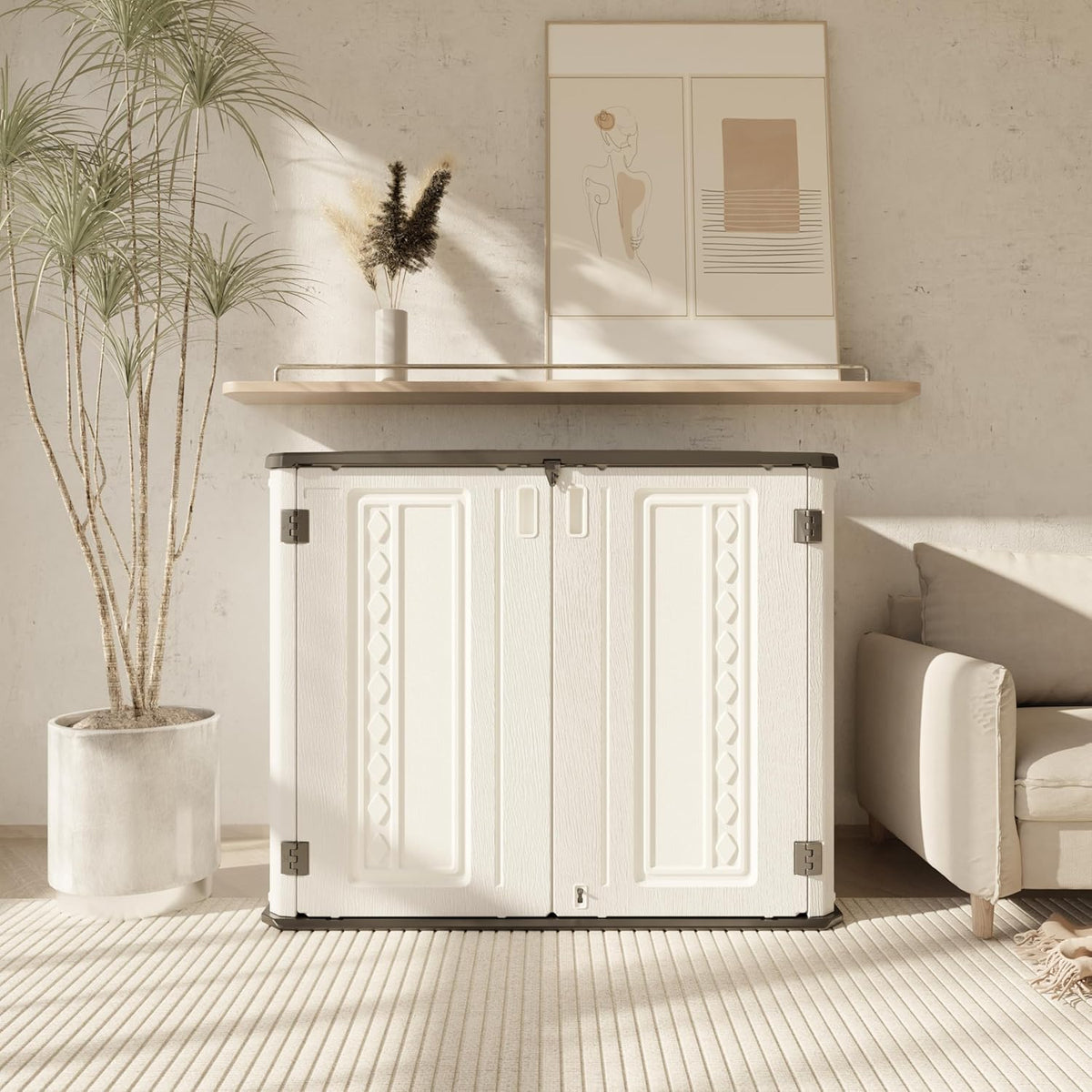 horizontal outdoor storage shed for garden tools and outdoor supplies