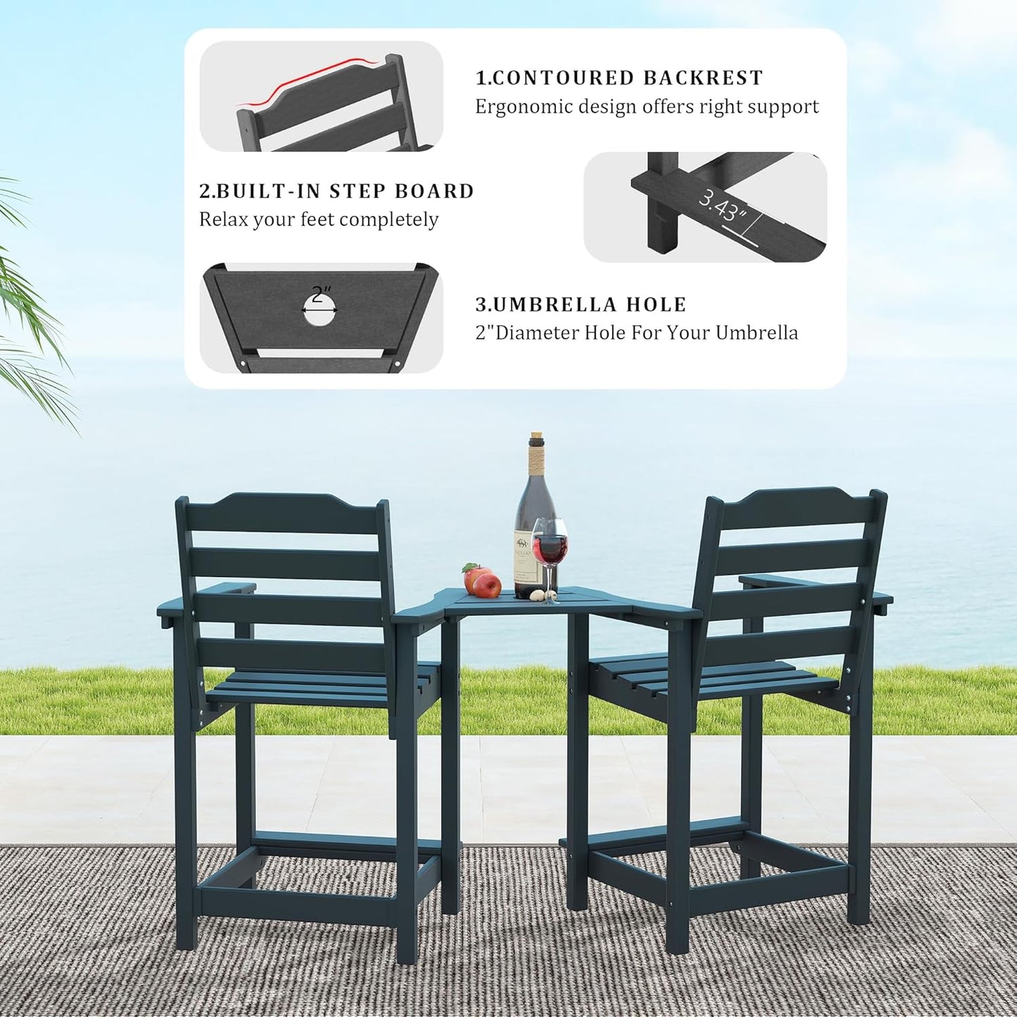 Yardgrace Tall Adirondack Chair, HDPE Bar Height Indoor&Outdoor Chair, All Weather Resistant Adirondack Outdoor Bar Stools for Balcony, Porch Kitchen, Bistro, Poolside, Backyard