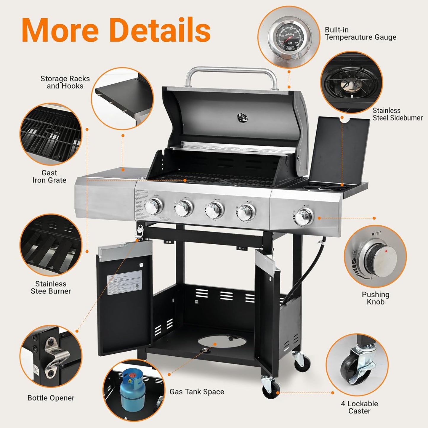 Propane Grill 4 Burner Barbecue Grill Stainless Steel Gas Grill