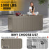 230 gallon resin deck box product comparison and capacity feature graphic