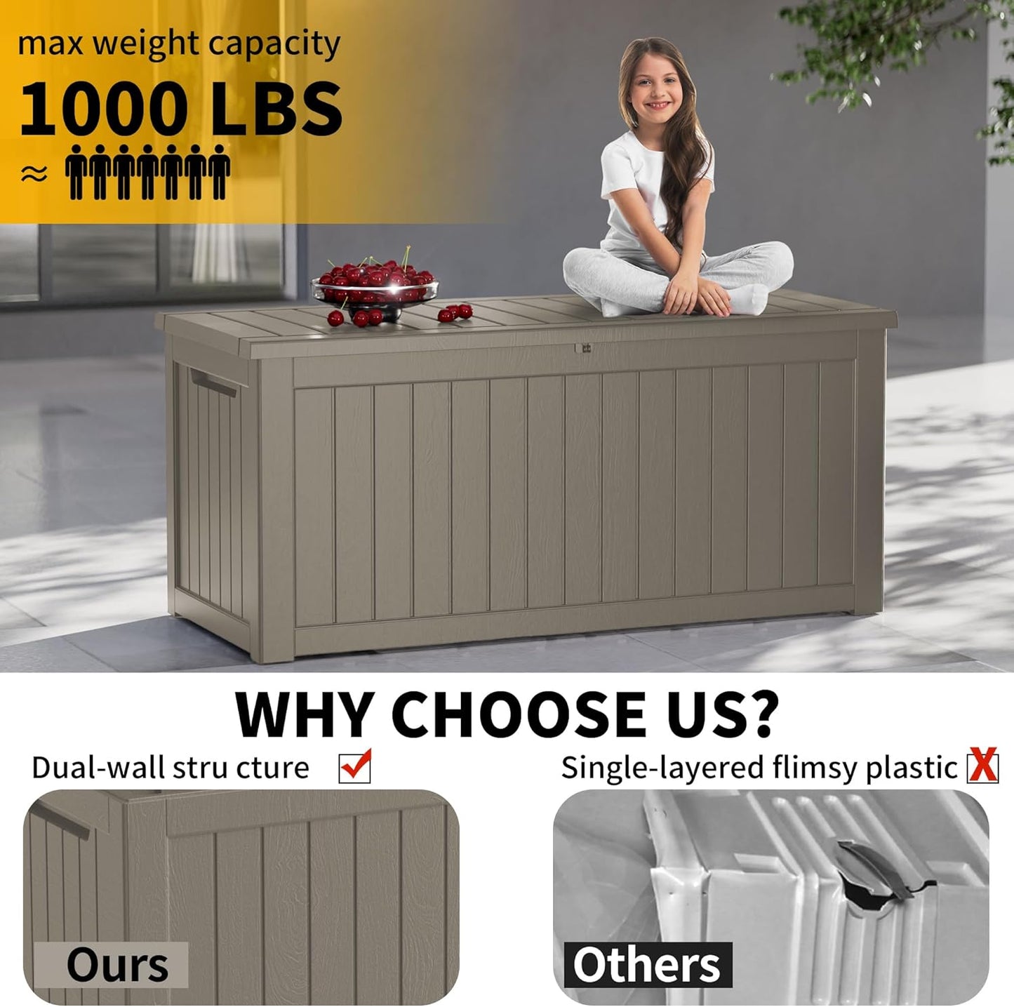 230 Gallon Outdoor Storage Box, Resin Deck Box, Waterproof , Lockable, UV-Resistant, Coffee