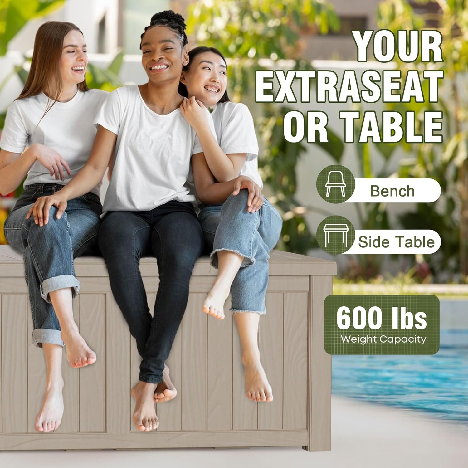 Large outdoor storage box used as extra seating on a patio