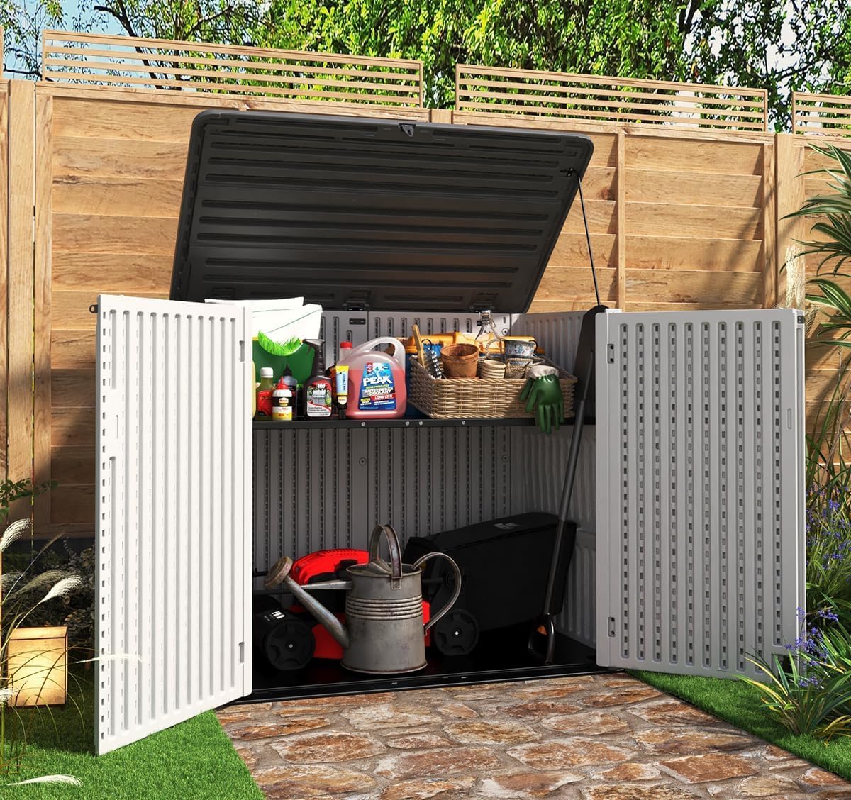 35 cubic foot outdoor storage shed with open double doors for garden tools