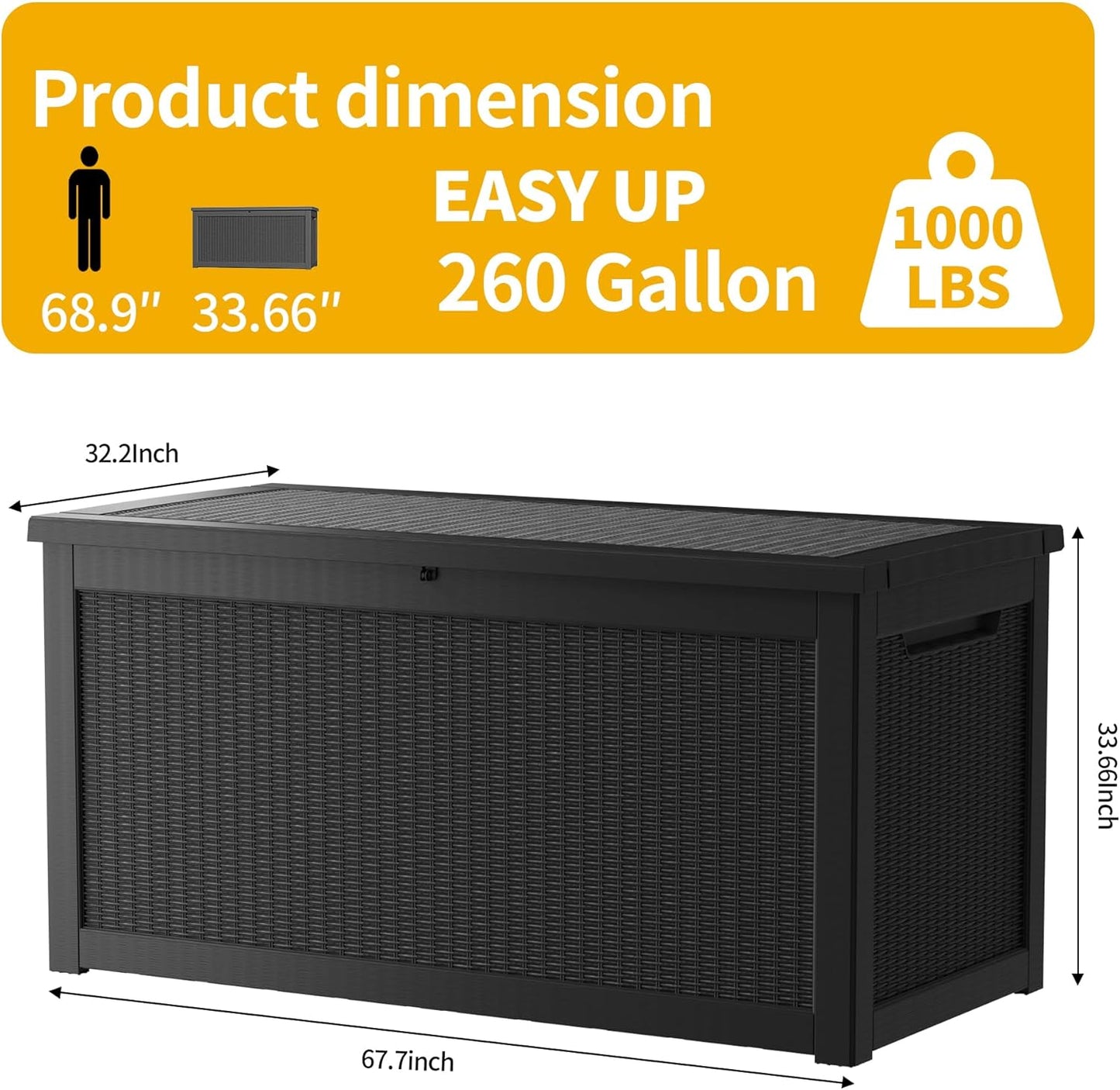 260 Gallon Outdoor Storage Box, Resin Deck Box, Waterproof , Lockable, UV-Resistant, Black