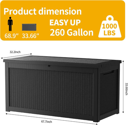 260 Gallon Outdoor Storage Box, Resin Deck Box, Waterproof , Lockable, UV-Resistant, Black