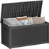 black 260 gallon resin deck box with wide lift-top opening