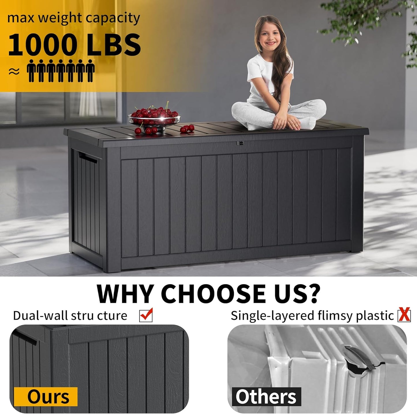 230 Gallon Outdoor Storage Box, Resin Deck Box, Waterproof , Lockable, UV-Resistant, Black