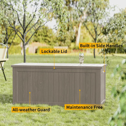 230 Gallon Outdoor Storage Box, Resin Deck Box, Waterproof , Lockable, UV-Resistant, Coffee