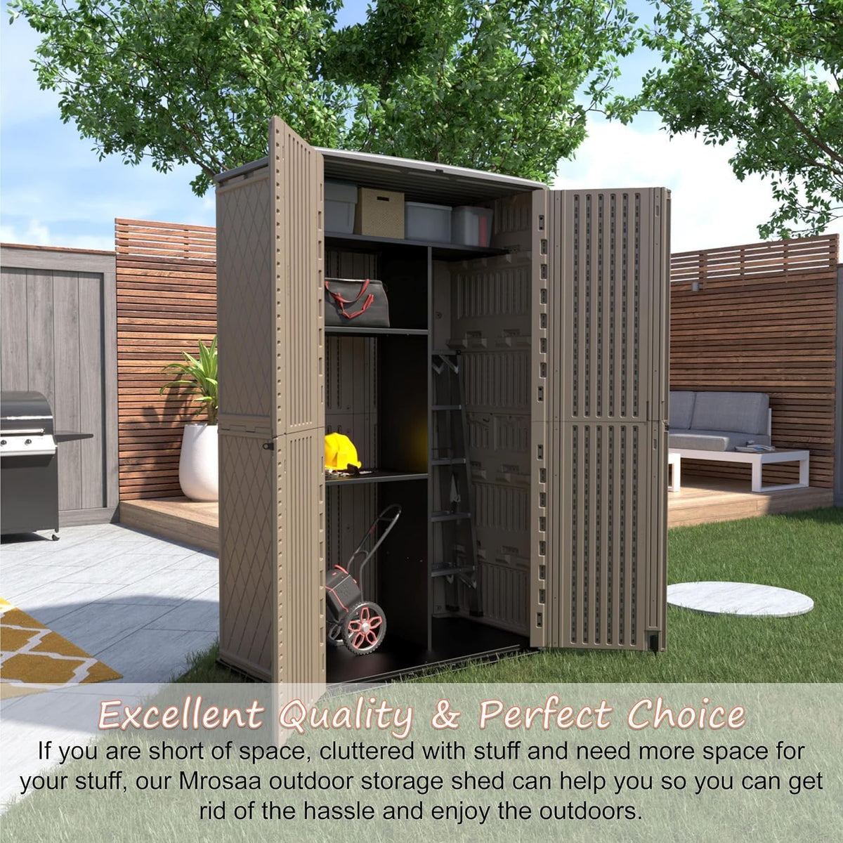 outdoor storage cabinet with vertical interior for patio and garden gear