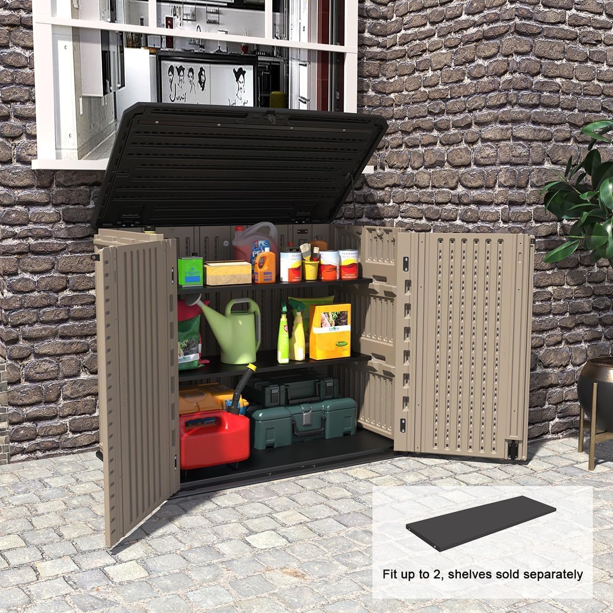 horizontal outdoor storage shed for lawn equipment and garden supplies