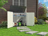 bike storage shed beside lawn and backyard garden area