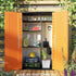 resin outdoor storage cabinet with open doors in garden setting
