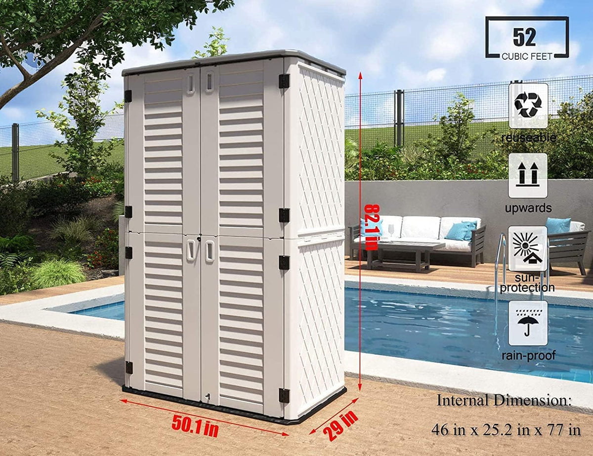 white vertical outdoor storage shed beside patio and garden wall