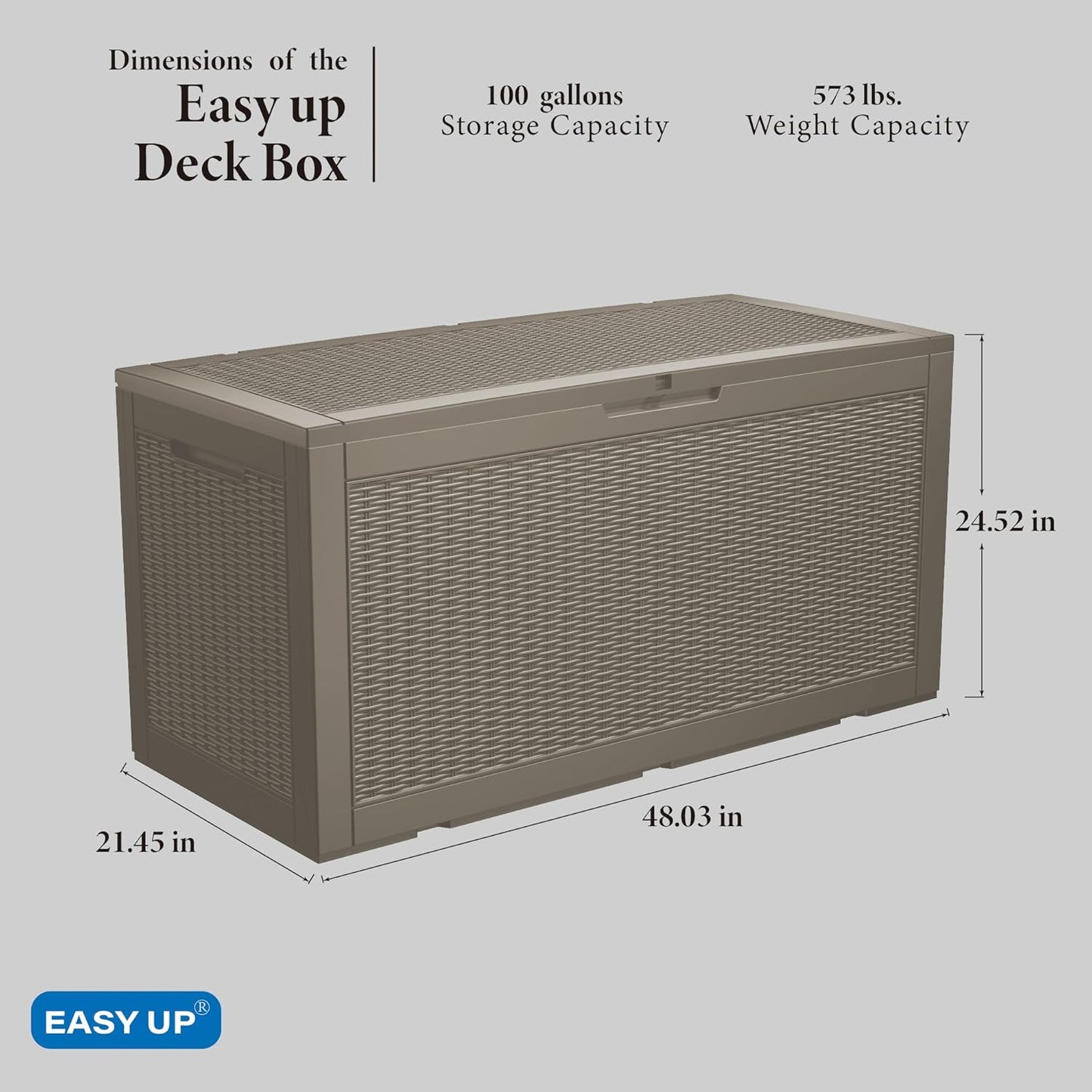 100 Gallon Outdoor Storage Box, Resin Deck Box, Waterproof , Lockable, UV-Resistant, Coffee