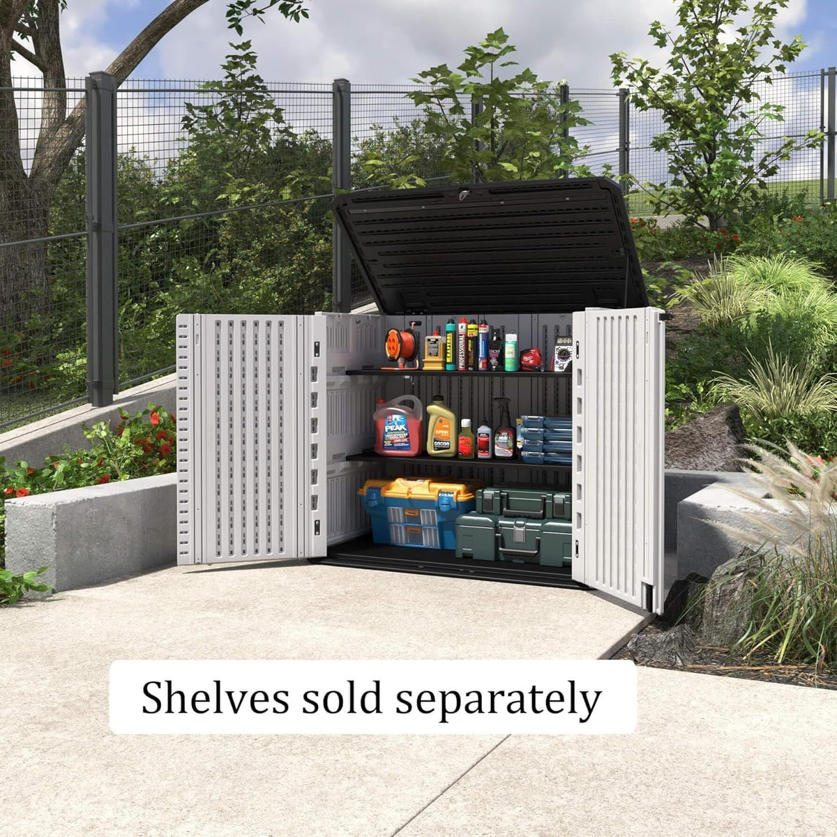 Yardgrace Outdoor Storage Shed, Horizontal Storage Box Waterproof for Garden, Patios, Backyards, Multi-Opening Door for Easy Storage of Bike, Garbage Cans,Lawn Mower, White