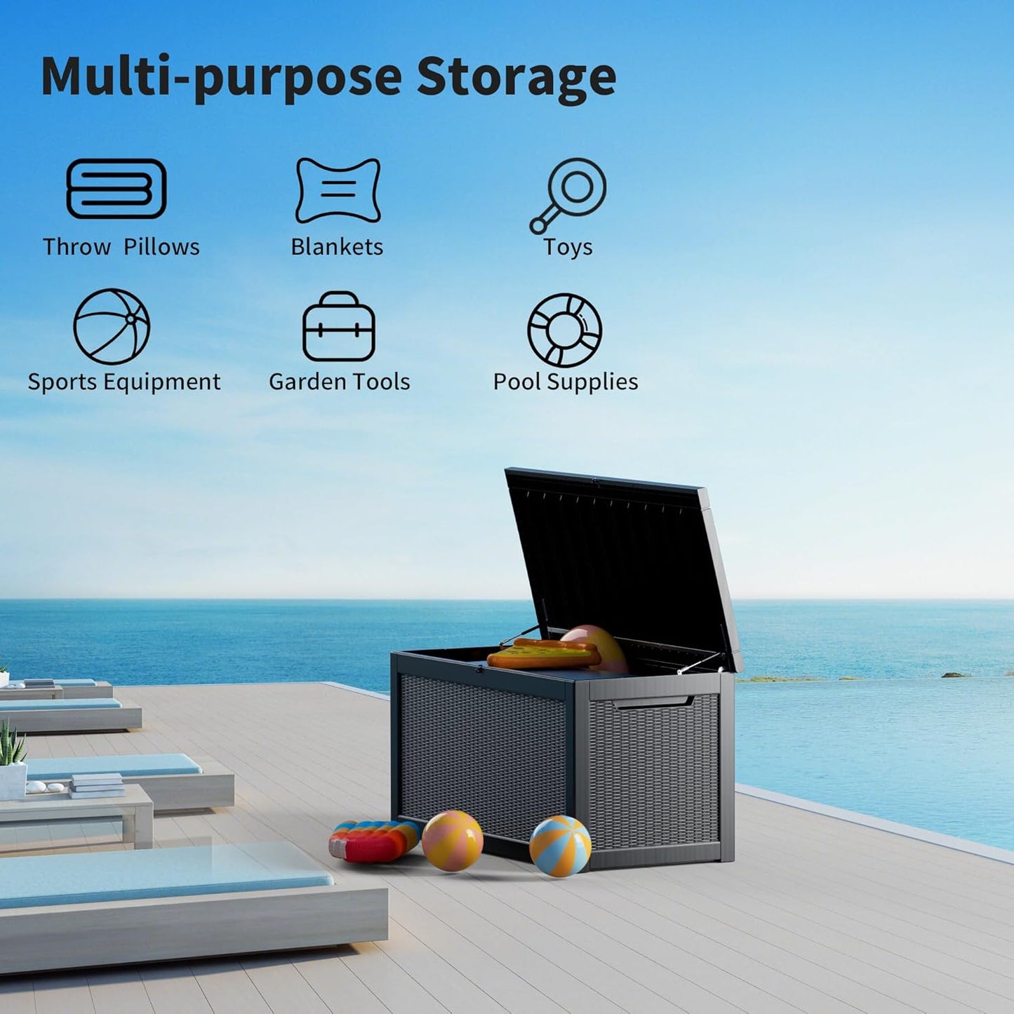 260 Gallon Outdoor Storage Box, Resin Deck Box, Waterproof , Lockable, UV-Resistant, Black