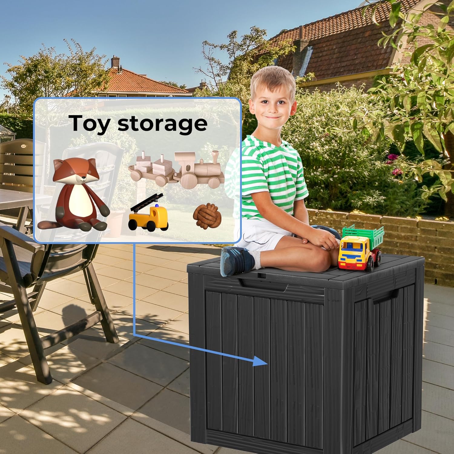 Compact outdoor storage box for patio, garden and poolside essentials