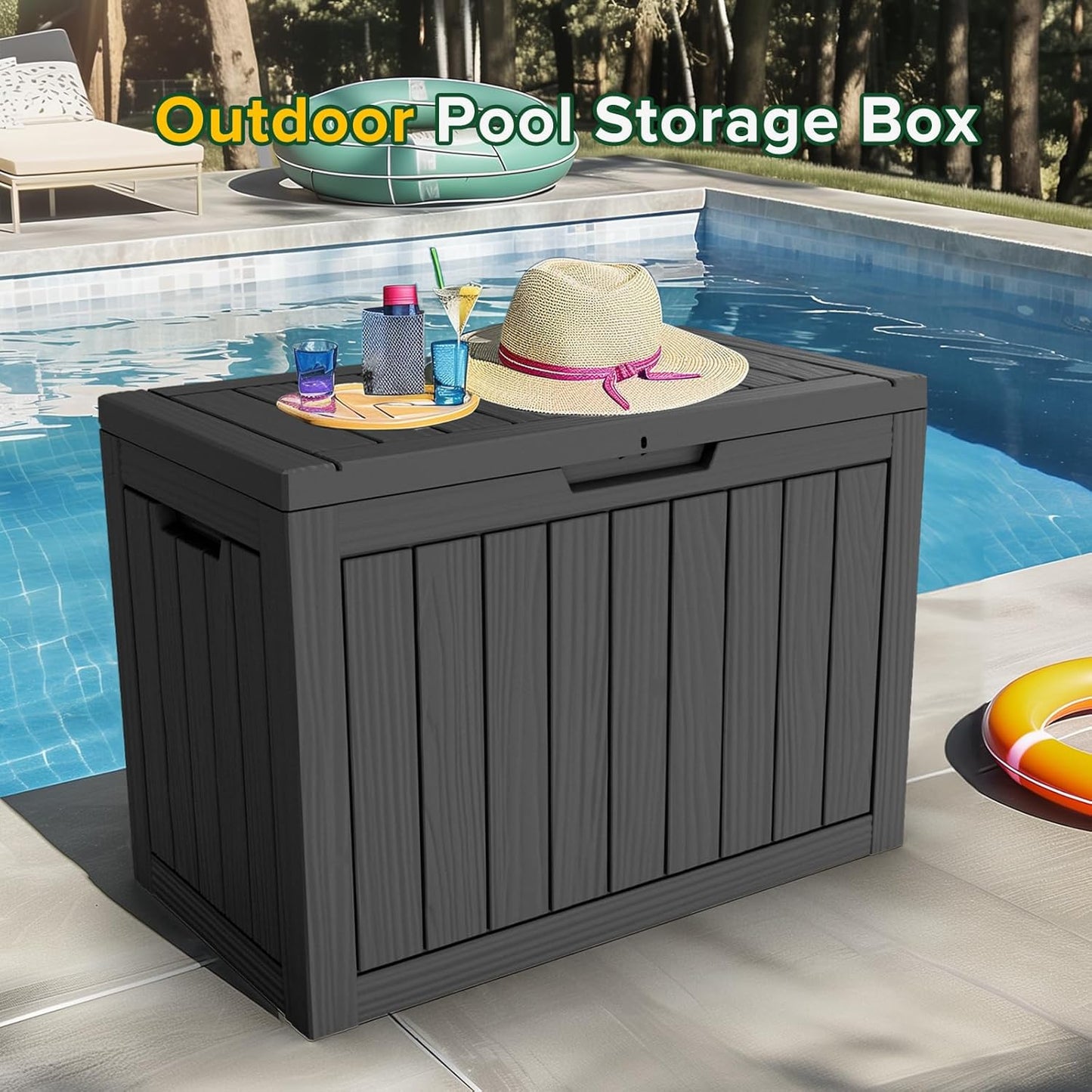 45 Gallon Outdoor Storage Box, Resin Deck Box, Waterproof , Lockable, UV-Resistant, Black