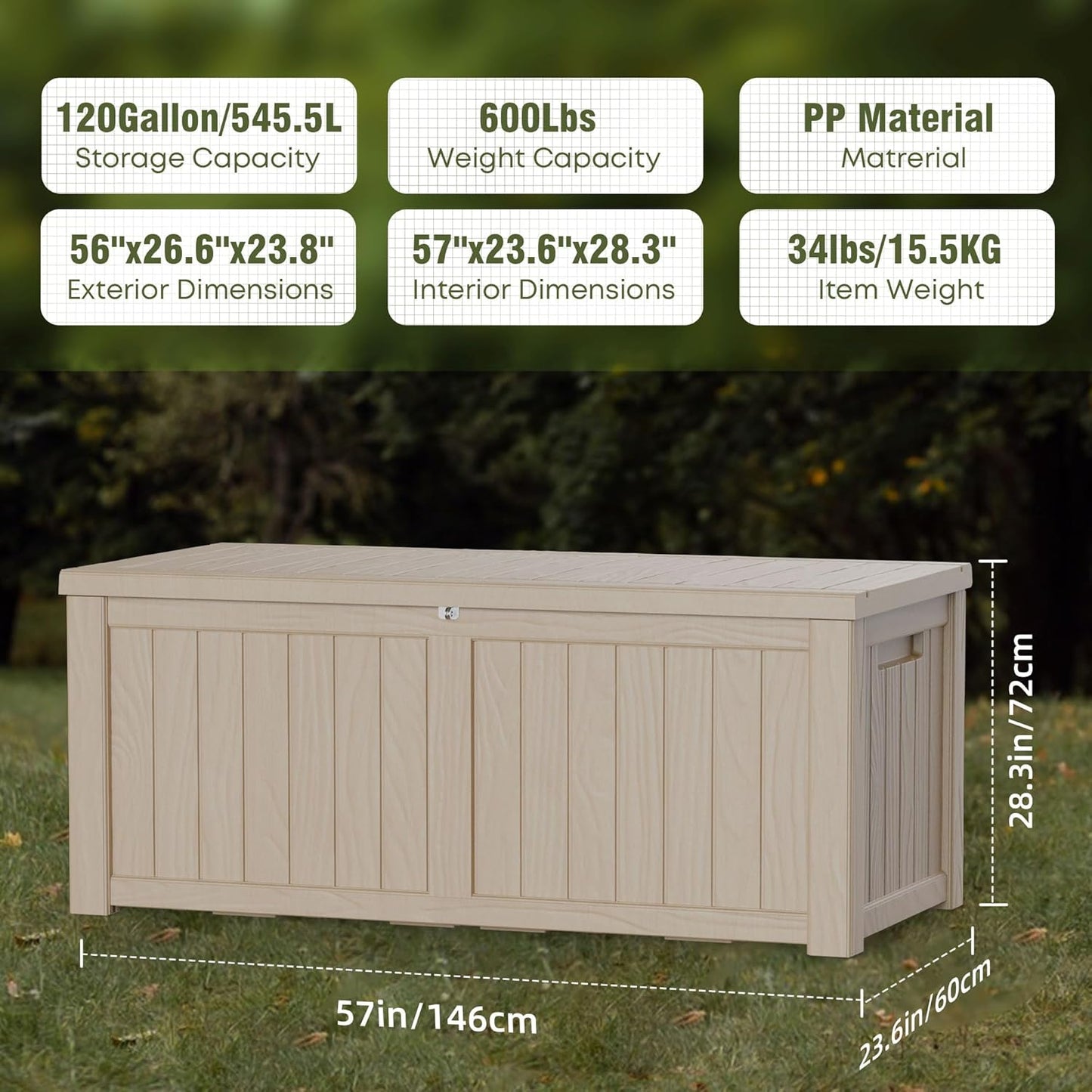 120 Gallon Outdoor Storage Box, Resin Deck Box, Waterproof , Lockable, UV-Resistant, Coffee