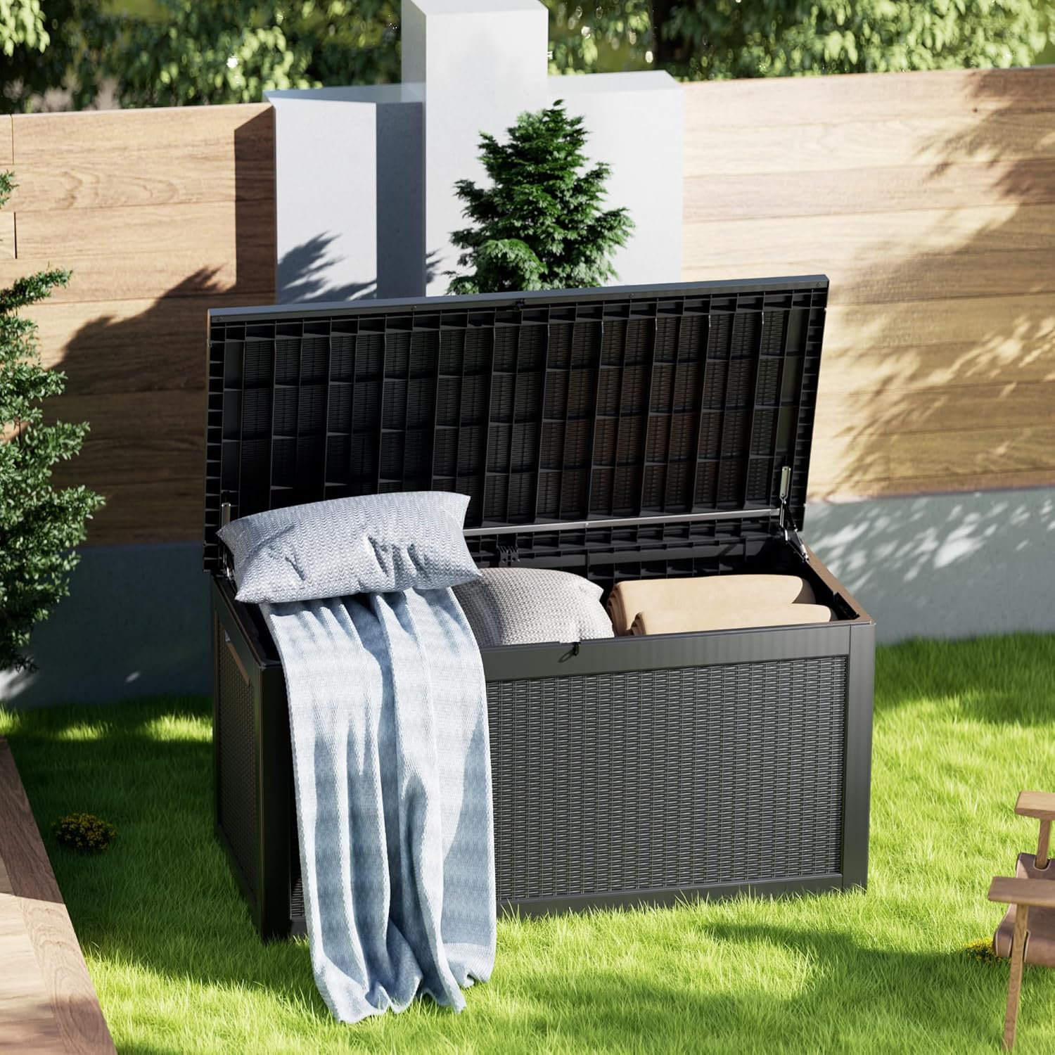260 gallon outdoor storage box with large patio cushions and blankets