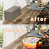 Outdoor storage box shown before and after organizing patio items