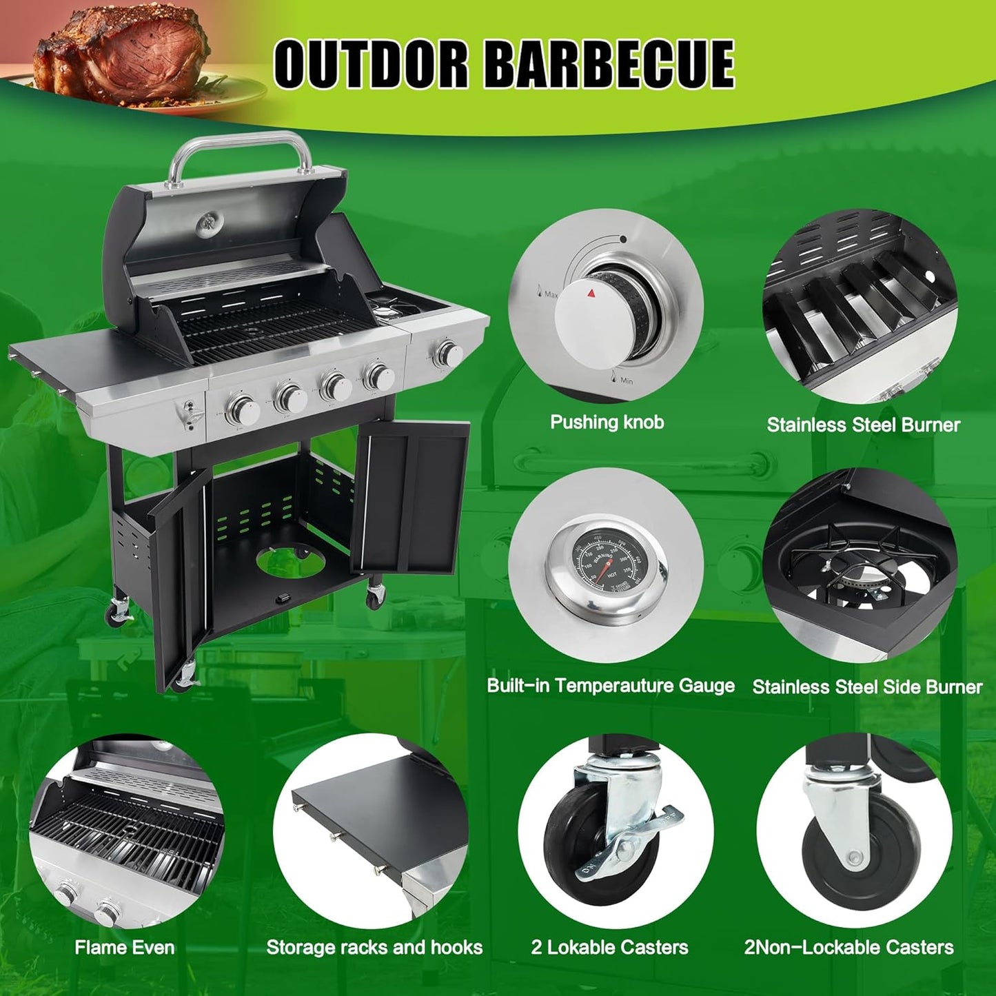 Outdoor 4-Burner Gas Grill with Side Burner stainless steel