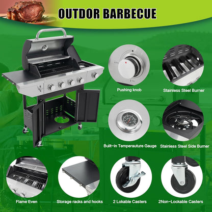 Outdoor 4-Burner Gas Grill with Side Burner stainless steel