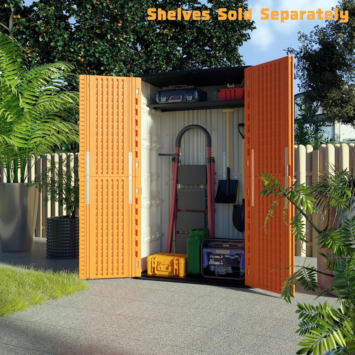 resin outdoor storage cabinet with open doors in garden setting