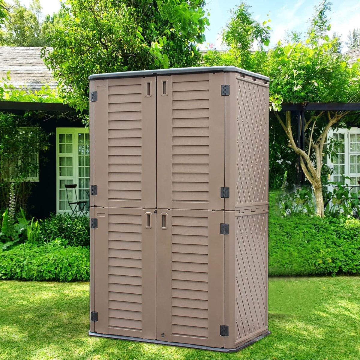 brown resin outdoor storage shed beside garden and lawn