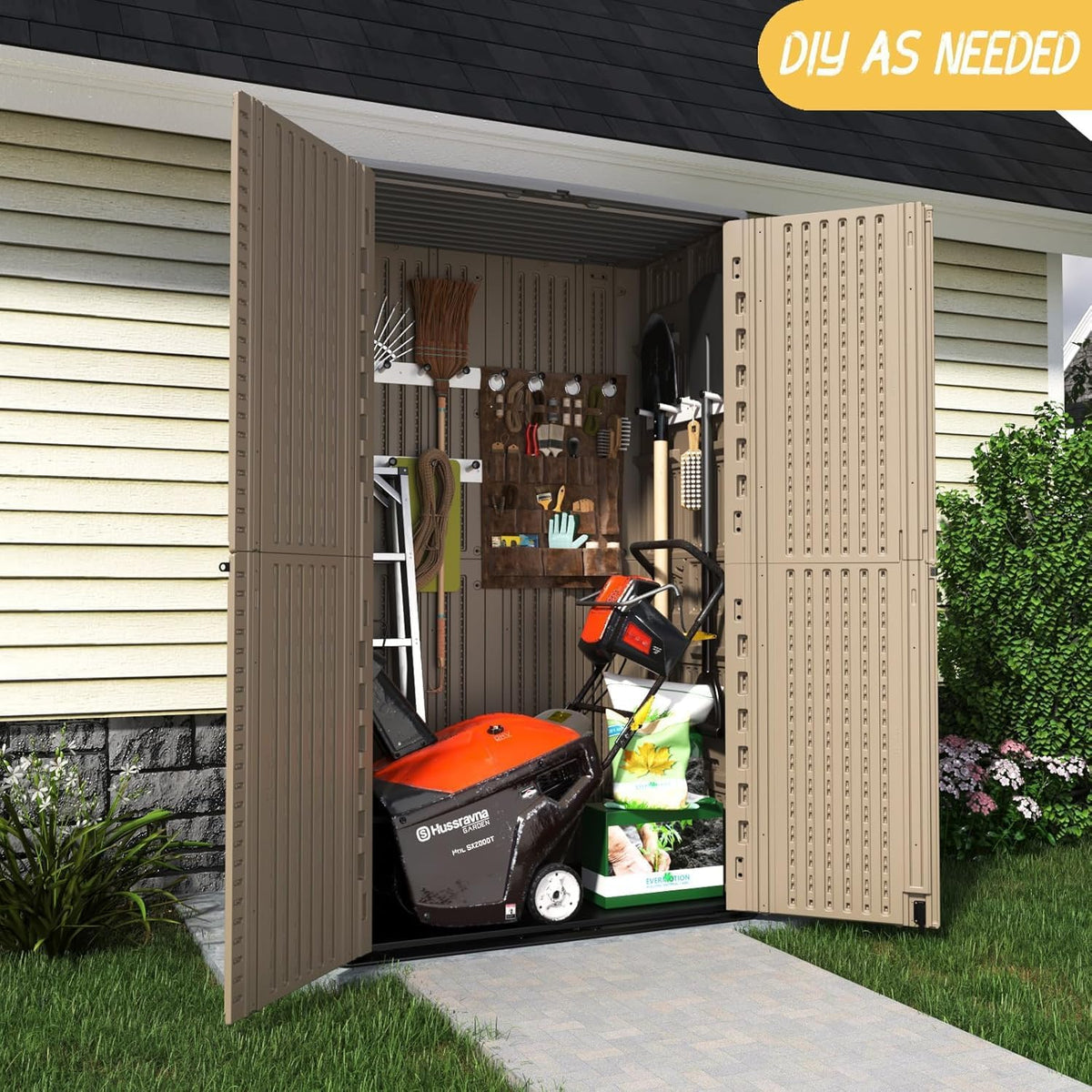vertical outdoor storage shed beside patio and exterior wall