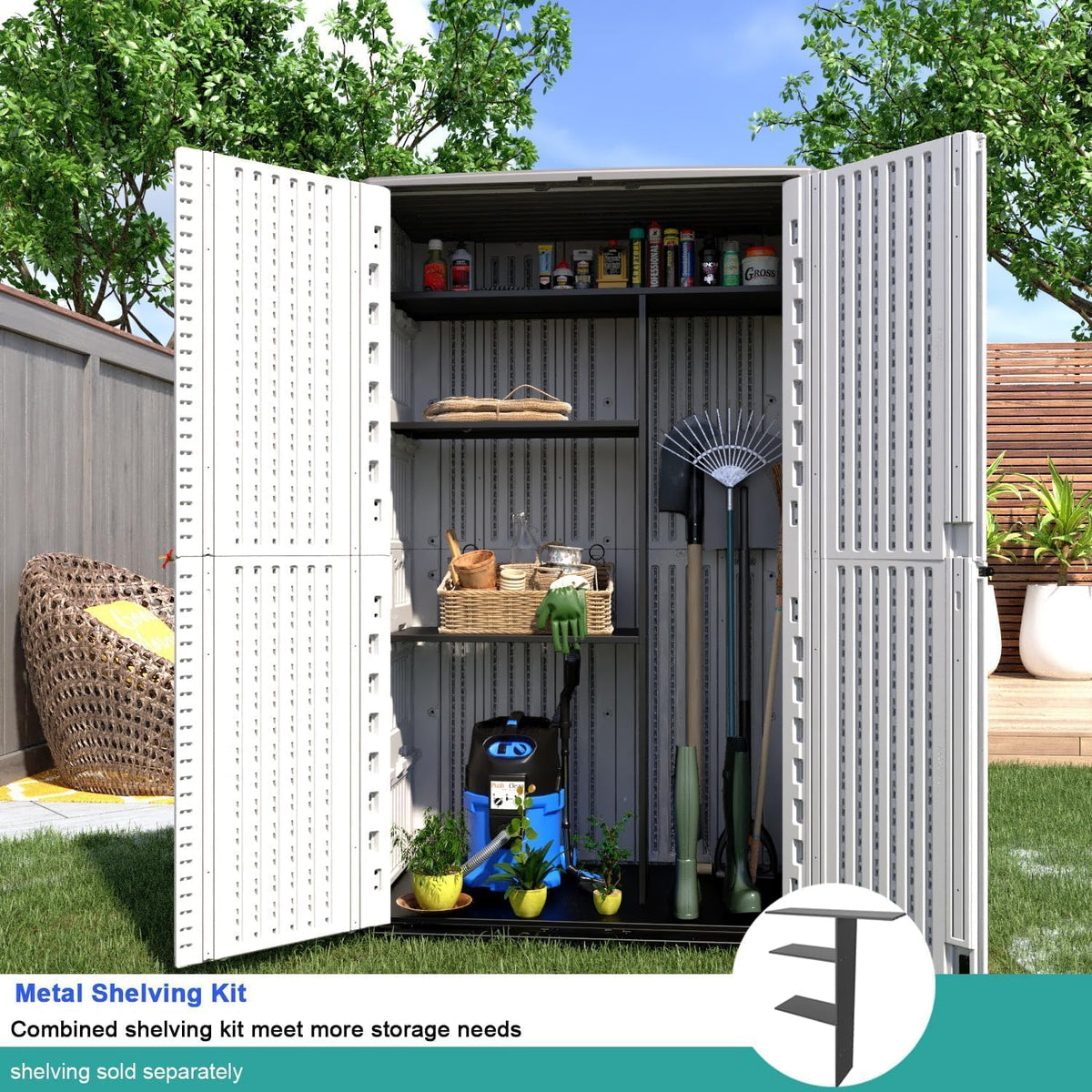 outdoor garden storage shed with front-opening cabinet access