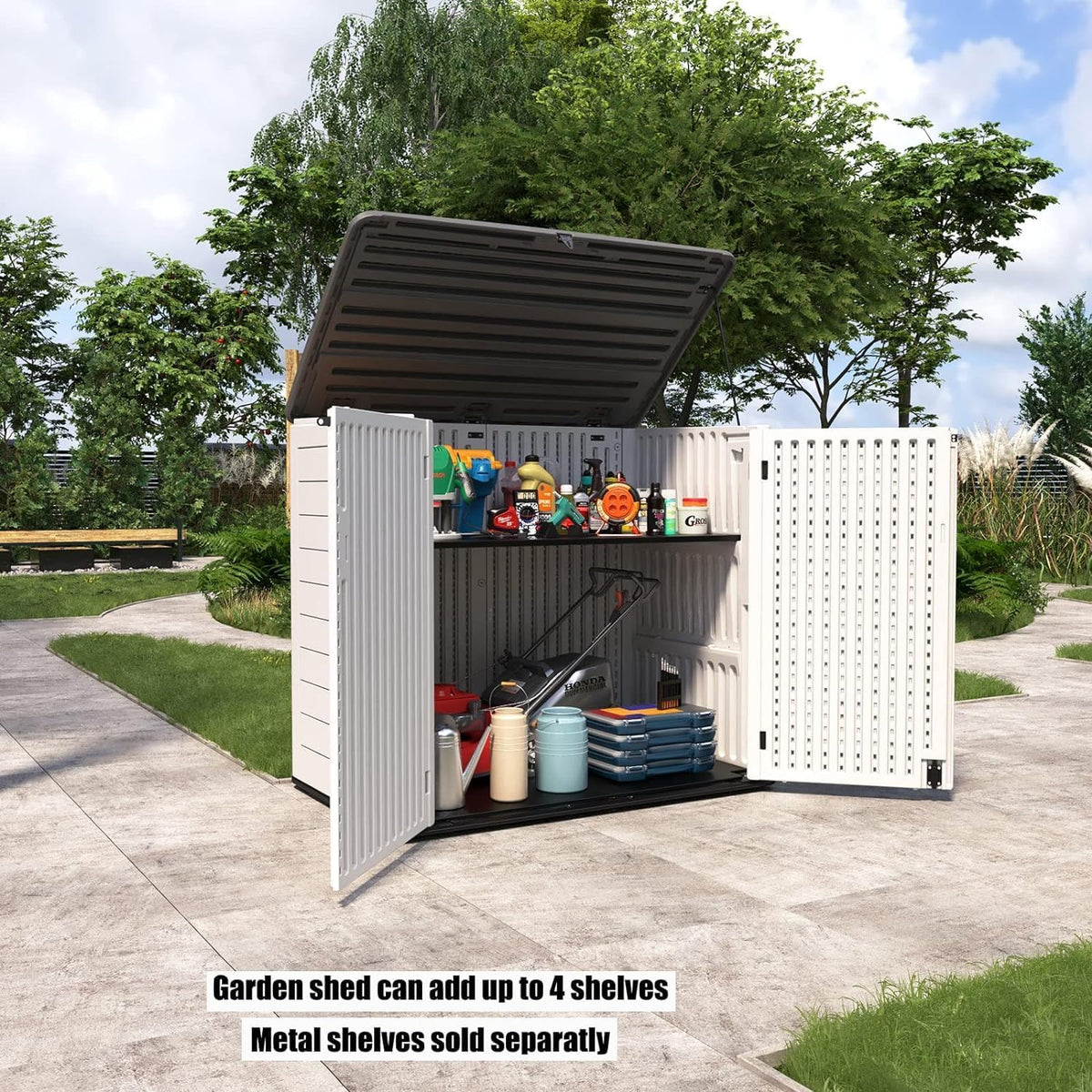 white outdoor storage shed for gardening tools and backyard equipment