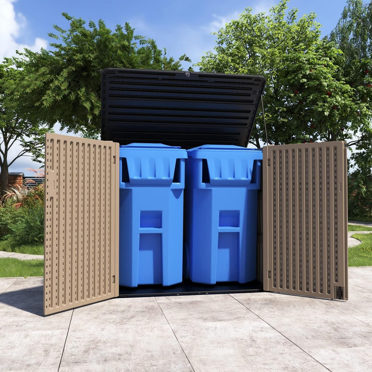 small resin storage shed for outdoor bins and bulky backyard items