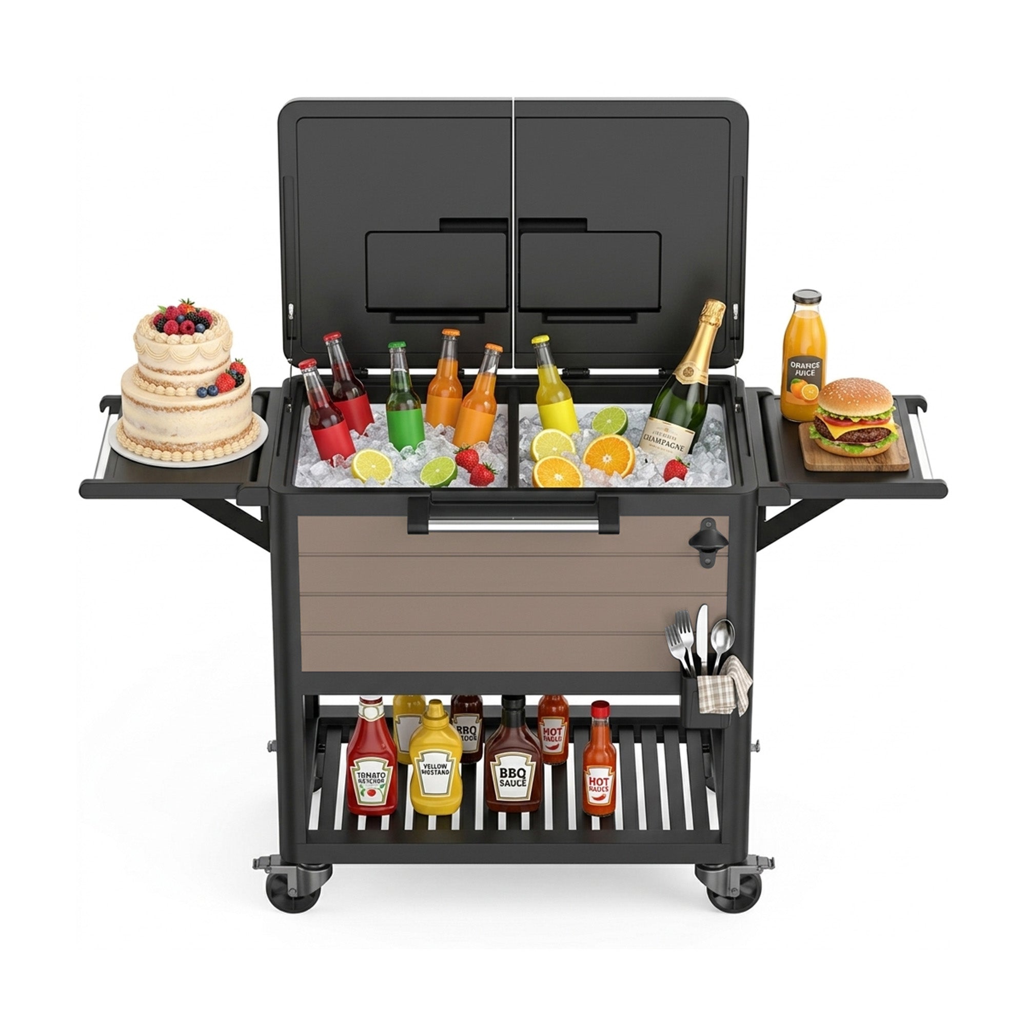 104 quart rolling cooler cart with expanded side shelves for drinks, snacks, and outdoor serving space