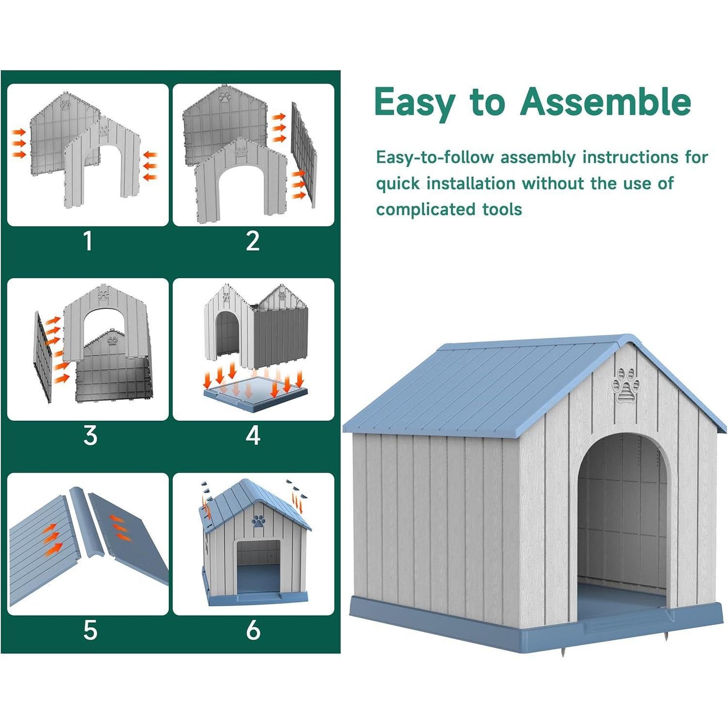 Yardgrace Indoor Outdoor Waterproof Dog House,PP Material,Puppy Shelter with Air Vents and Elevated Floor,Sturdy Dog Kennel for Small to Large Sized Dogs, Easy to Assemble (Blue, 38.62×36.26×38.07 Inches)